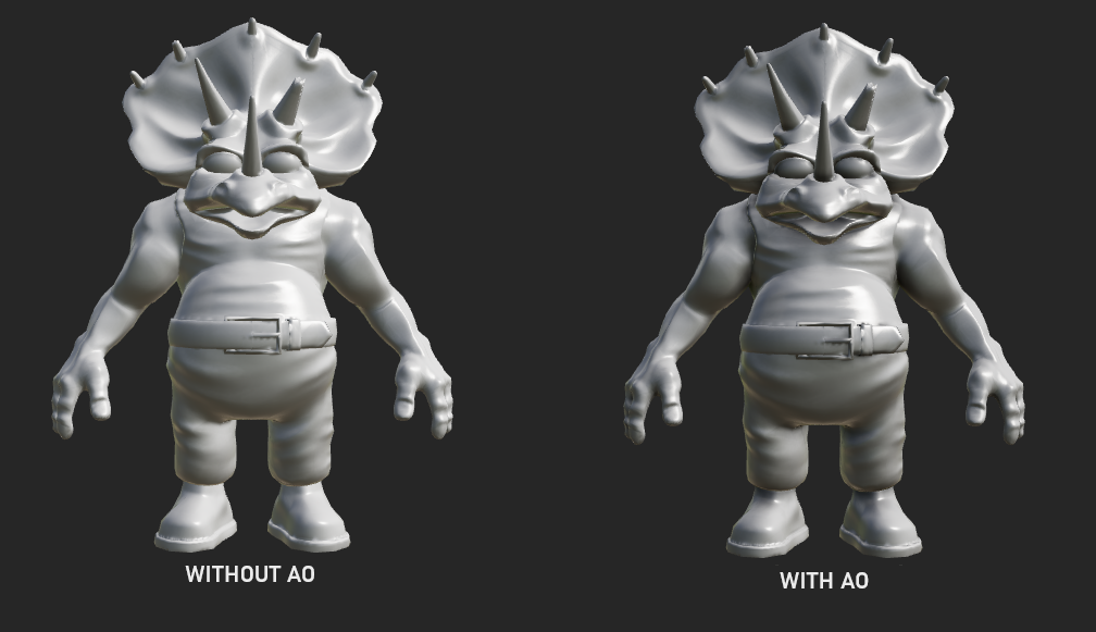 Side-by-side comparison of the same 3D model without ambient occlusion and with ambient occlusion