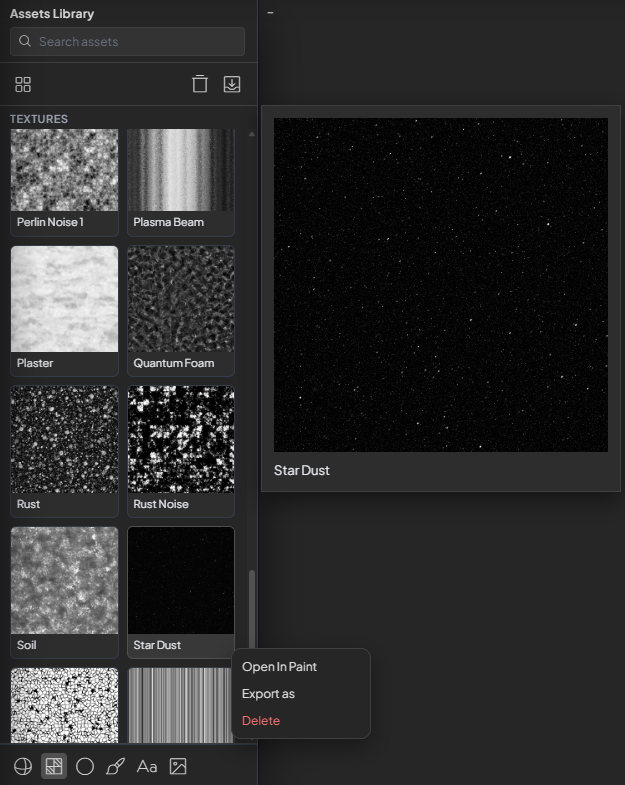 Assets Library with texture preview and context menu for Open In Paint, Export as, and Delete