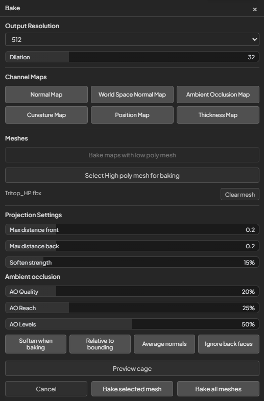 Trumble Bake panel: resolution, dilation, channel map toggles, mesh slots, projection and AO settings, and bake actions