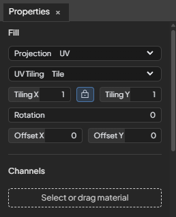 Properties panel showing texture fill settings and channel slots where materials can be dropped