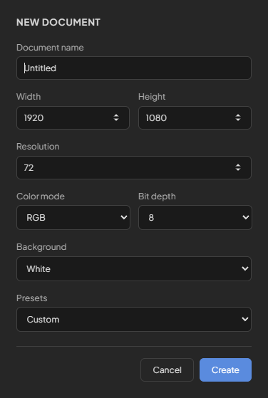 New Document dialog: name, size, resolution, color mode, bit depth, background, presets, Cancel and Create