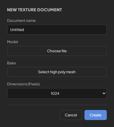 New Texture Document dialog: document name, model, bake mesh, dimensions in pixels, Cancel and Create.