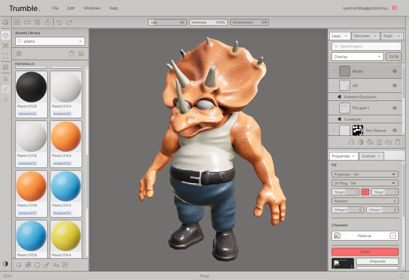 Trumble PBR Painter (light theme) — texture workspace with 3D viewport, asset library, layers, and properties.