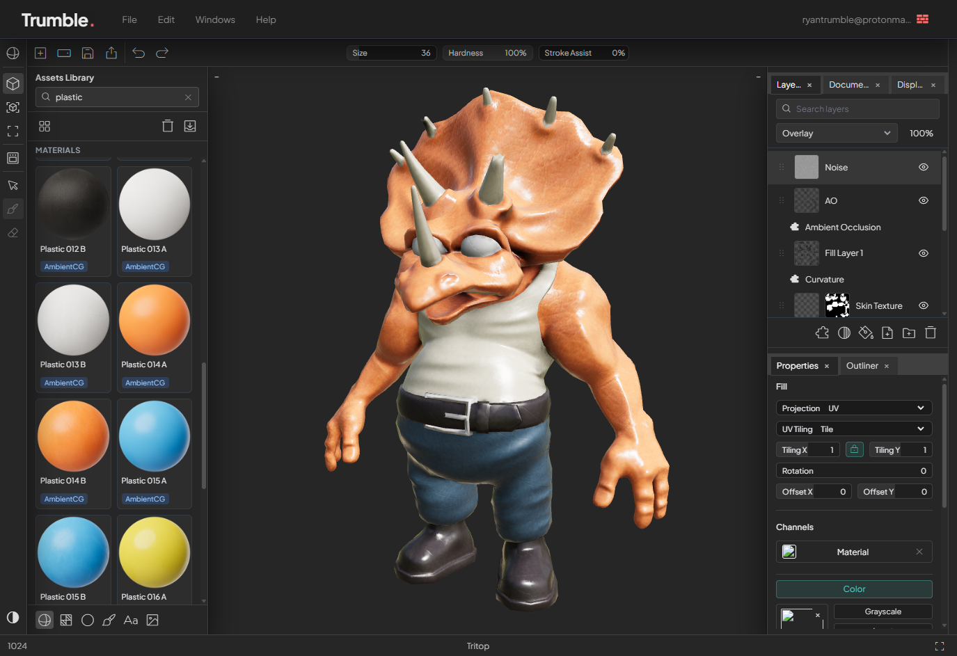 Trumble PBR Painter (dark theme) — texture workspace with 3D viewport, asset library, layers, and properties.